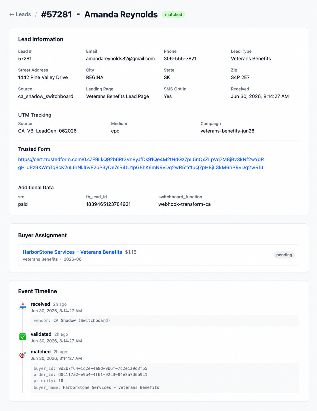 A single lead's detail view with its full event timeline: received, validated, and matched to a buyer, each step timestamped.